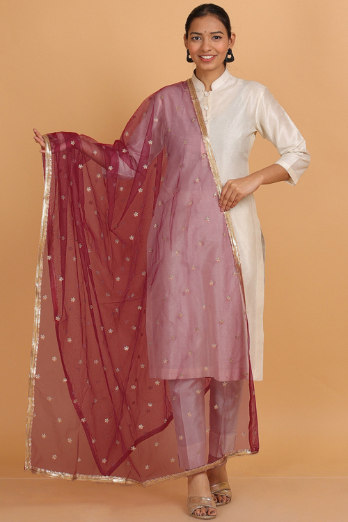 Net Zari Lace Embroidered Deep Red Dupatta
