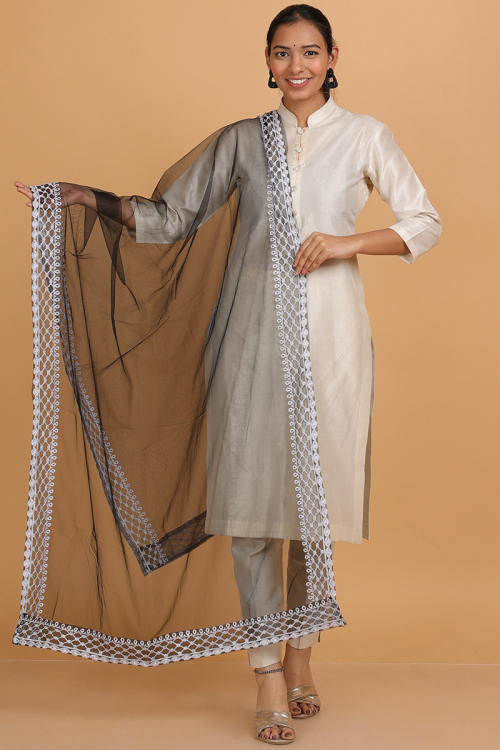 Net Resham Thread Embroidered Black Dupatta