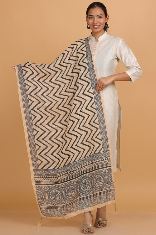 Beige Cotton Dupatta with Black Zigzag and Mandala Print