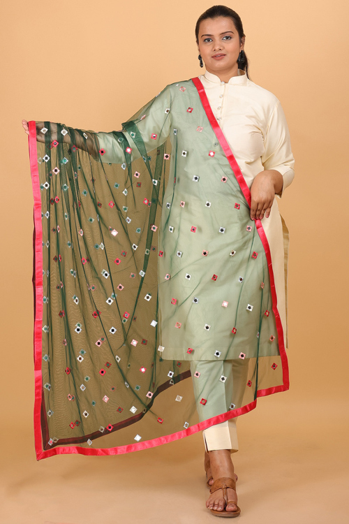 Bottle Green Resham Embroidered Net Dupatta