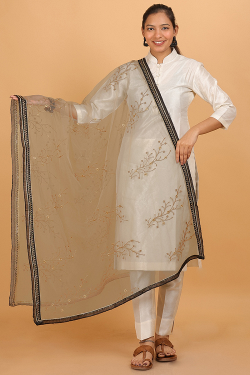Grey Net Dupatta With Lace Work