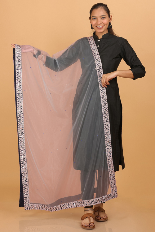Lght Blue Lace Embroidered Net Dupatta