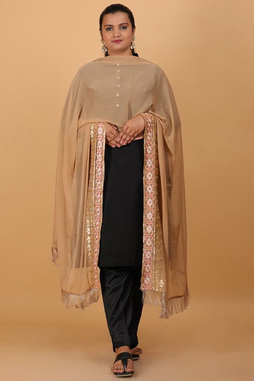 Oat Beige Nazneen Embroidered Lace Dupatta 