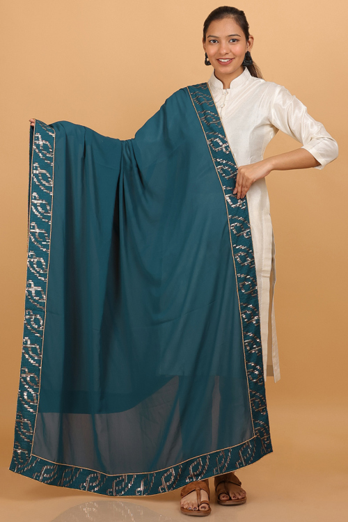 Teal Blue Georgette Dupatta with Embroidered Lace