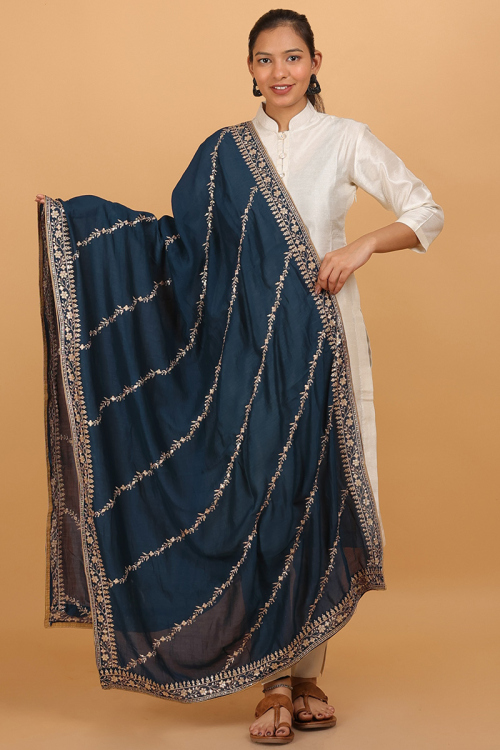 Teal Blue Georgette Lace Embroidered Dupatta 