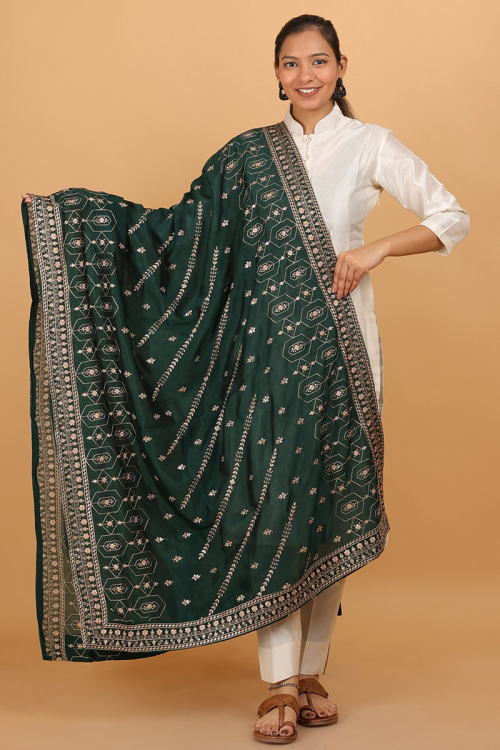 Georgette Embroidered Bottle Green Dupatta