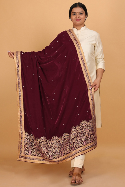 Maroon Velvet Dori Embroidered Dupatta