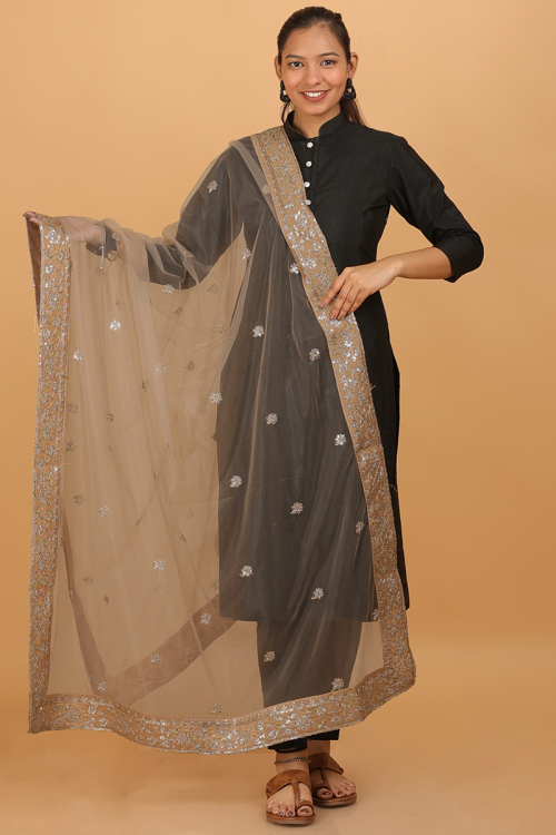 Cream Net Zari Embroidered Dupatta 