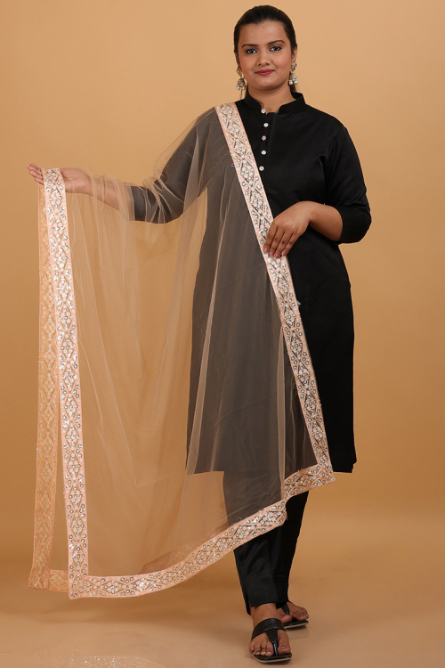 Light Orange Organza Lace Embroidered Dupatta