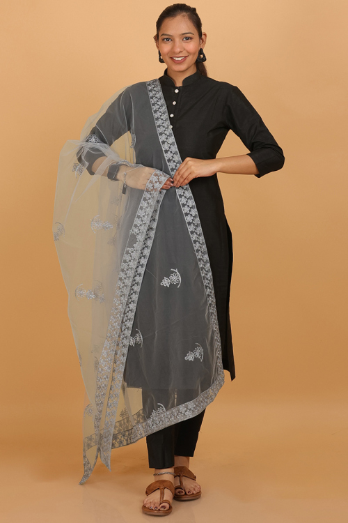 Grey Net Dori Embroidered Dupatta 