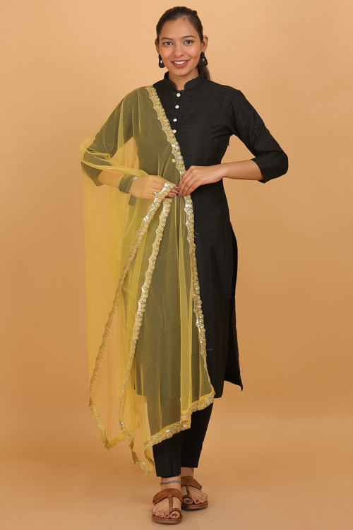 Mustard Yellow Lace Embroidered Organza Dupatta