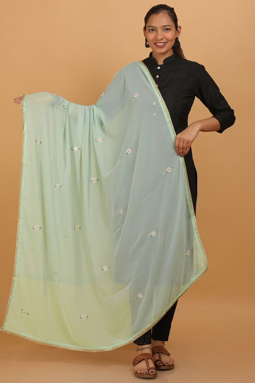 Light Green Georgette Resham Emroidered Dupatta 