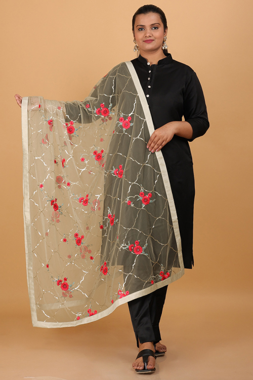 Light Beige Resham Thread Embroidered Net Dupatta