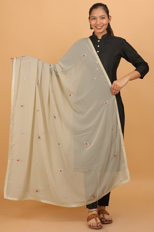 Beige Resham Embroidered Georgette Dupatta