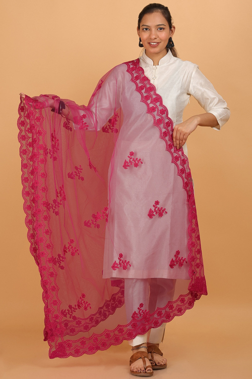 Ruby Pink Net Resham Embroidered Dupatta