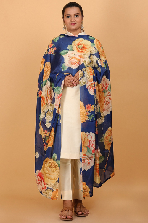 Sea Blue Chinnon-Chiffon Printed Dupatta