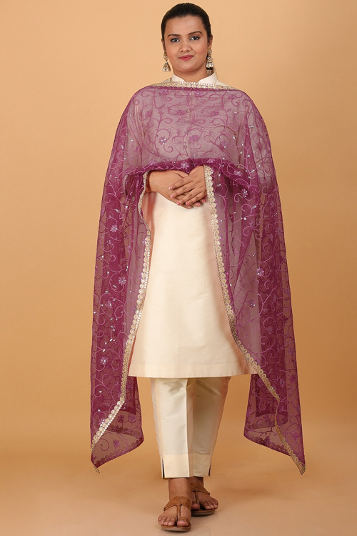 Dark Pink Net Embroidered Dupatta