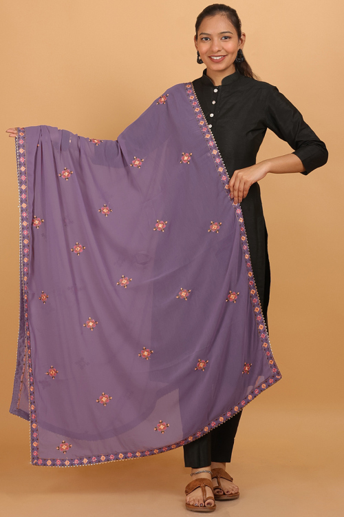 Dusty Mauve Lace Embroidered Georgette Dupatta