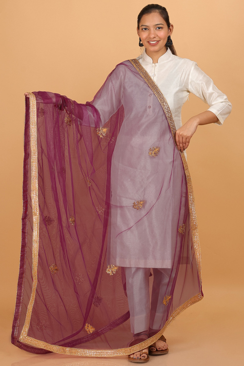 Dark Pink Embroidered Lace Net Dupatta
