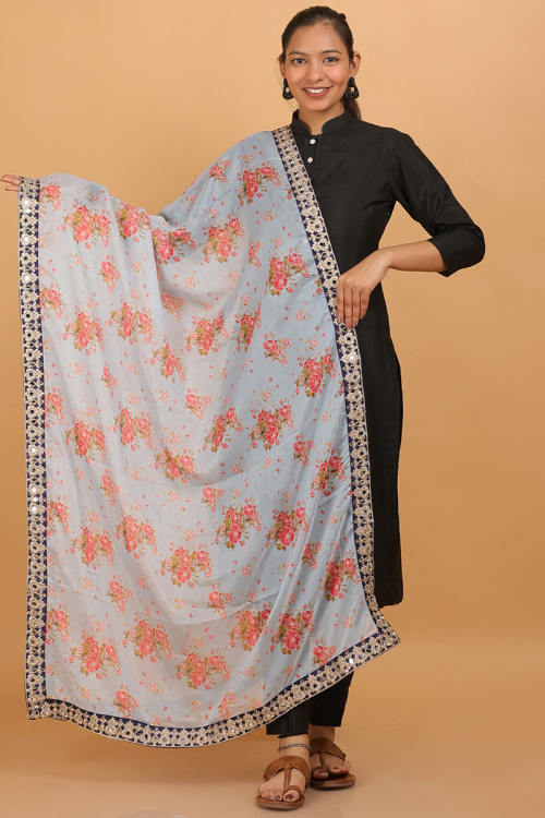Mint Blue Floral Print Organza Dupatta With Lace