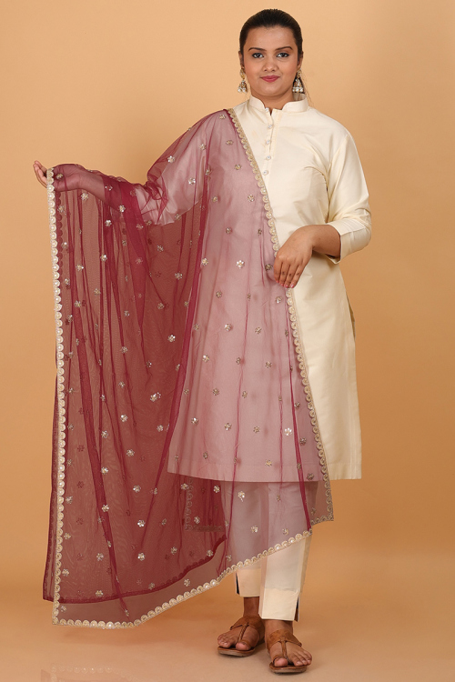 Net Zari Sequin Embroidered Deep Red Dupatta