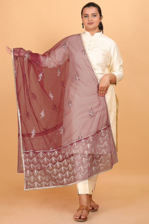 Net Zari Embroidered Deep Red Dupatta