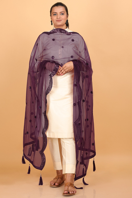 Sequins Embroidered Plum Purple Net Dupatta