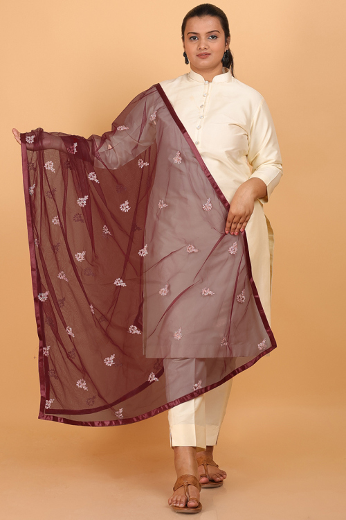 Net Zari Embroidered Maroon Dupatta