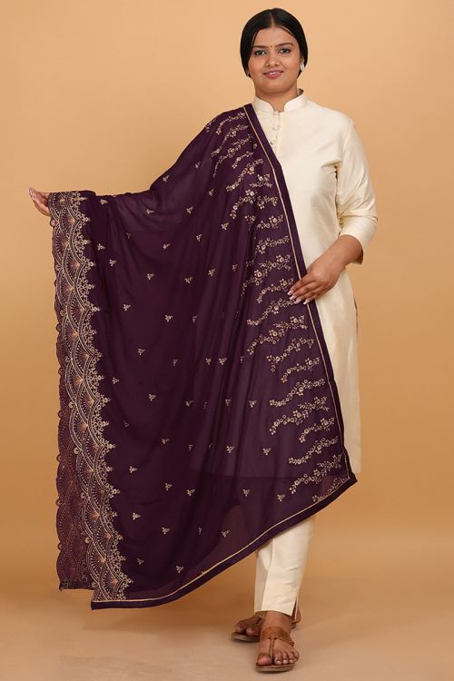 Wine Maroon Resham Embroidered Georgette Dupatta