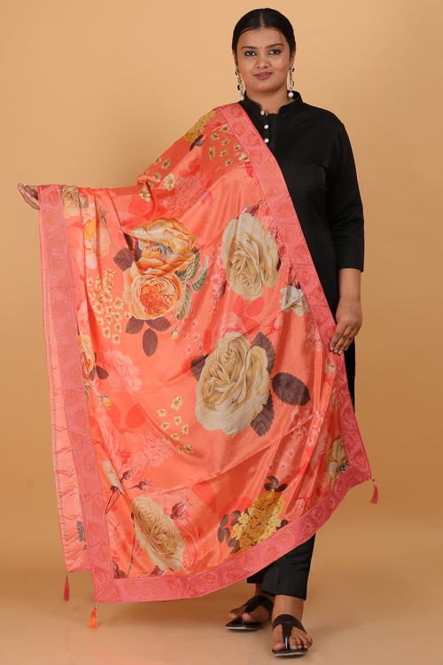Salmon Orange Floral Printed Art Silk Dupatta