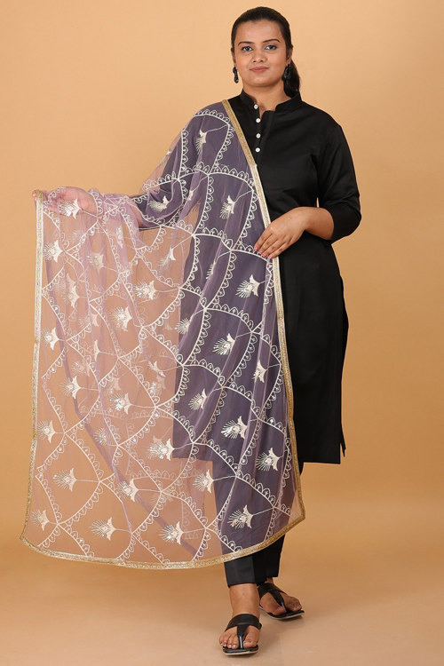 Light Purple Net Embroidered Dupatta