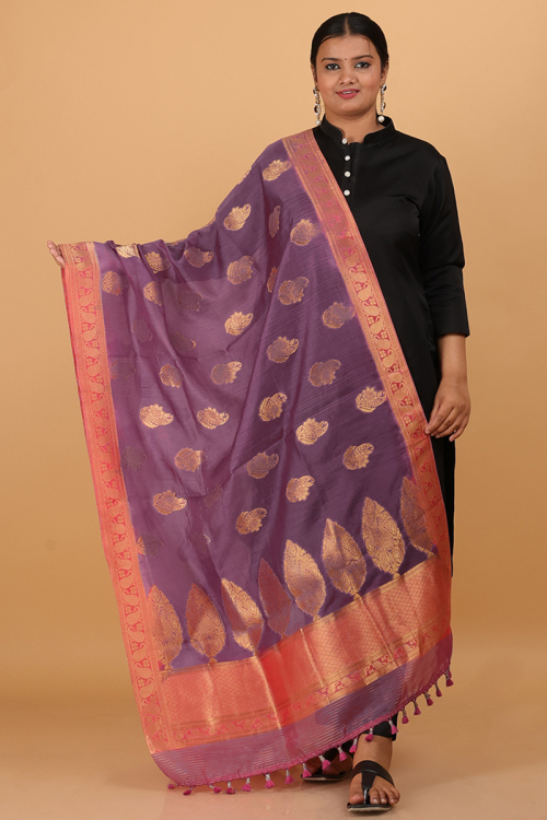 Woven Zari Thulian Pink Silk Dupatta