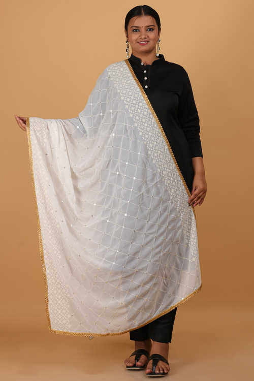 White Georgette Sequins Embroidered Dupatta 