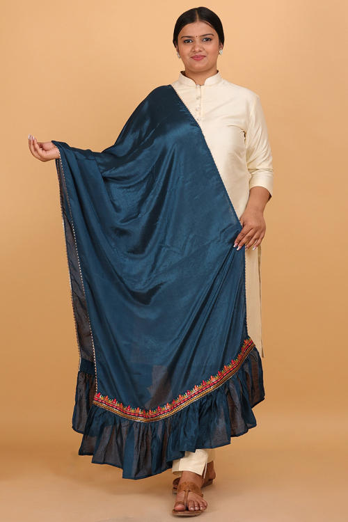 Peacock Blue Silk Dupatta With Lace Work