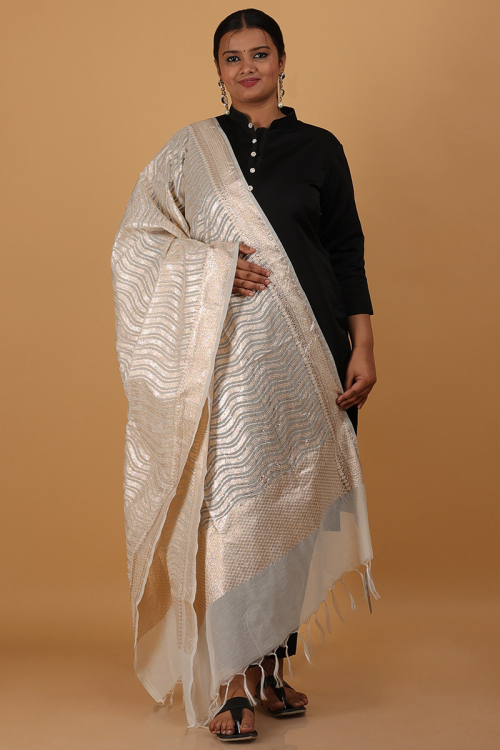 Cream Beige Woven Zari Chanderi Silk Dupatta
