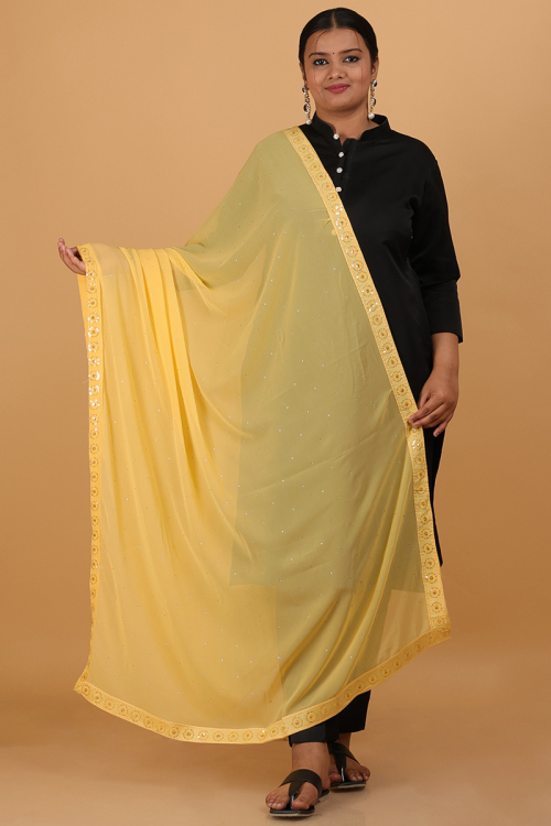 Georgette Yellow Embroidered Lace Dupatta With Stone Work