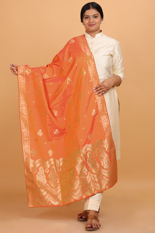 Salmon Orange Woven Zari Art Silk Dupatta