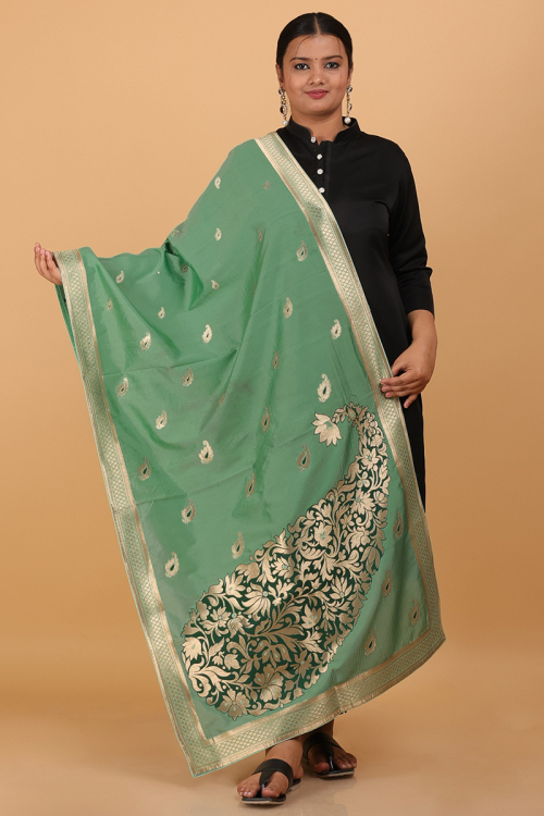 Sea Green Woven Zari Banarasi Silk Dupatta 