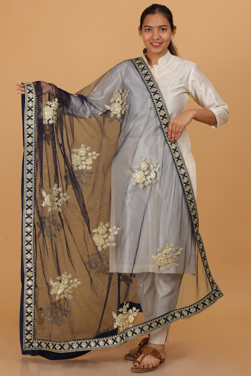 Navy Blue Sequins Embroidered Net Dupatta