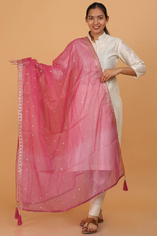 Organza Sequins Embroidered Dark Pink Dupatta