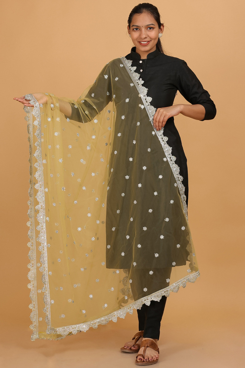 Light Yellow Sequins Embroidered Net Dupatta With Lace