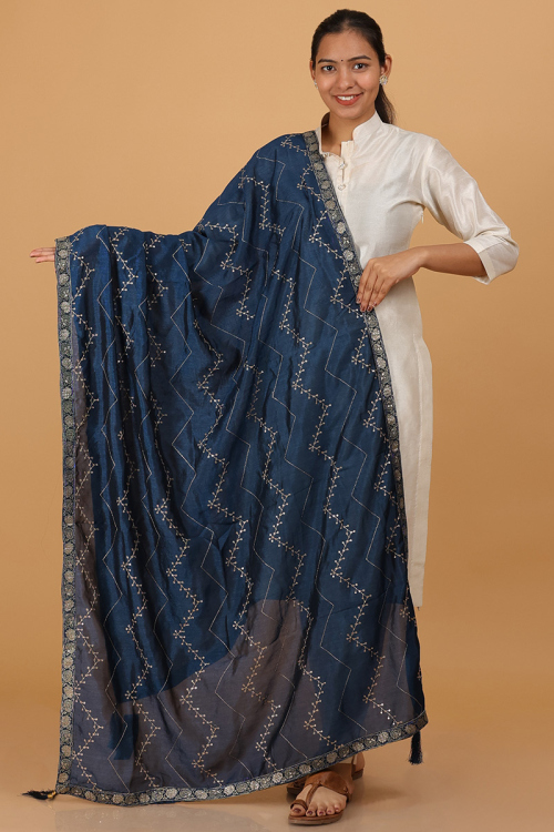 Teal Blue Zari Embroidered Georgette Dupatta With Lace