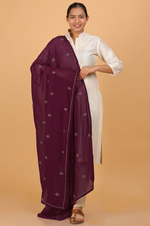 Burgundy Maroon Zari and Sequins Embroidered Georgette Dupatta