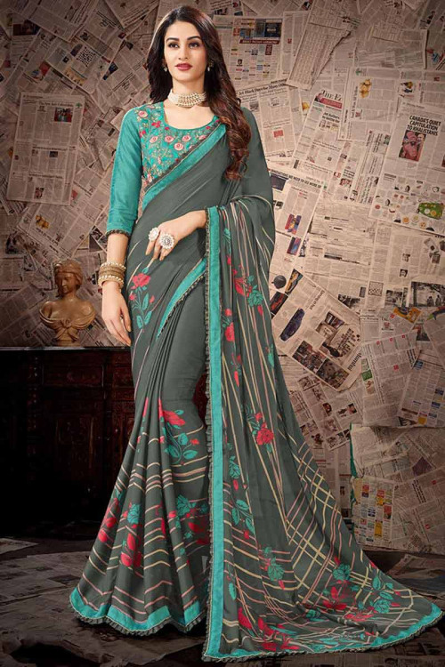 Buy Dull Green Georgette Saree With Dupion Silk Blouse Online ...