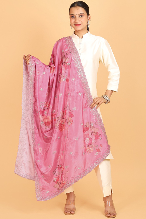 Pure Pink Soft Silk Printed Dupatta