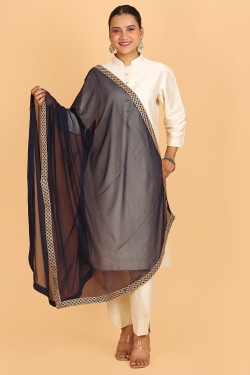 Navy Blue Chiffon Embroidered Lace Dupatta