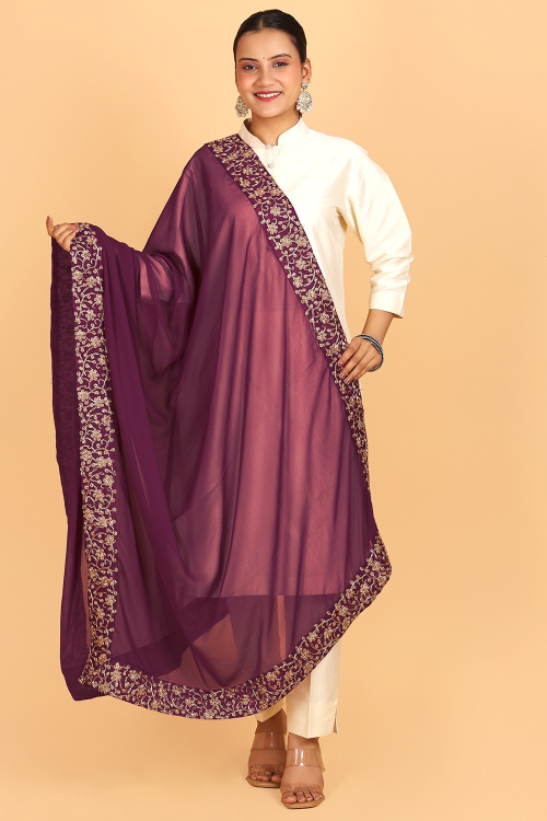 Embroidered Lace Georgette Dupatta In Plum Purple 