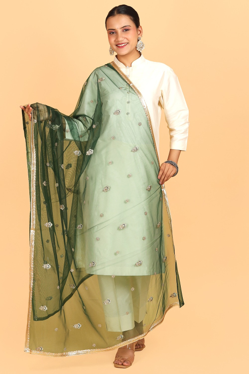 Net Bottle Green Embroidered Dupatta