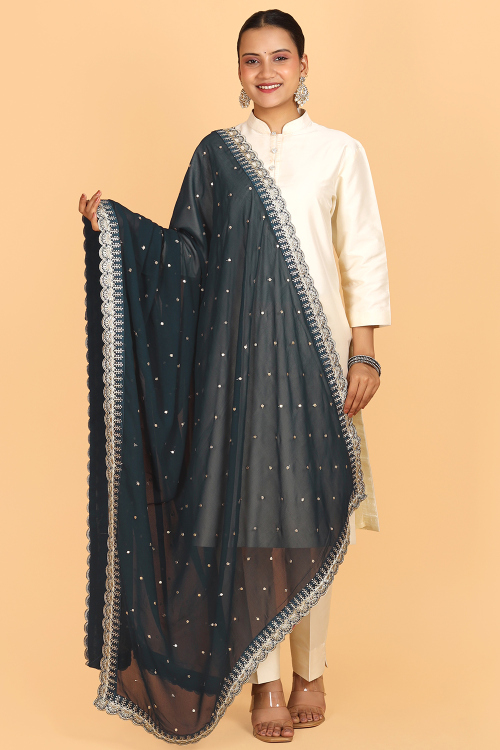 Prussian Blue Georgette Zari Embroidered Dupatta