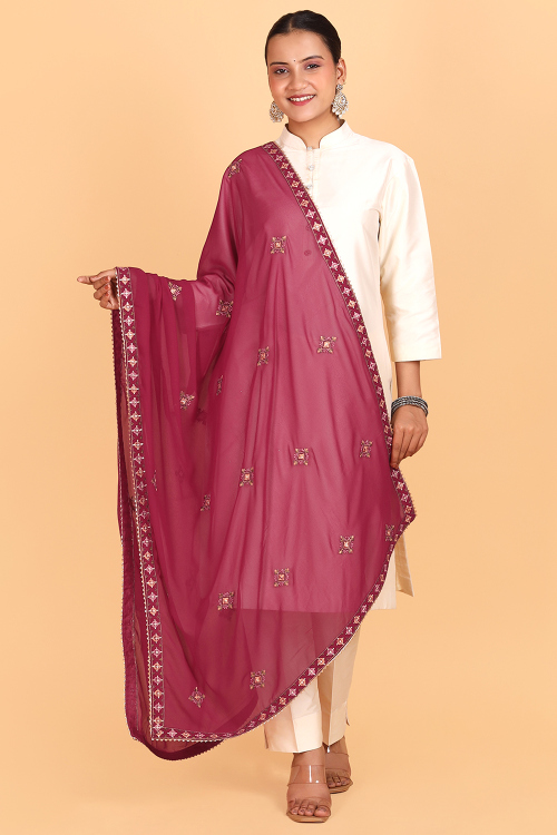 Rubi Pink Georgette Thread Embroidered Dupatta